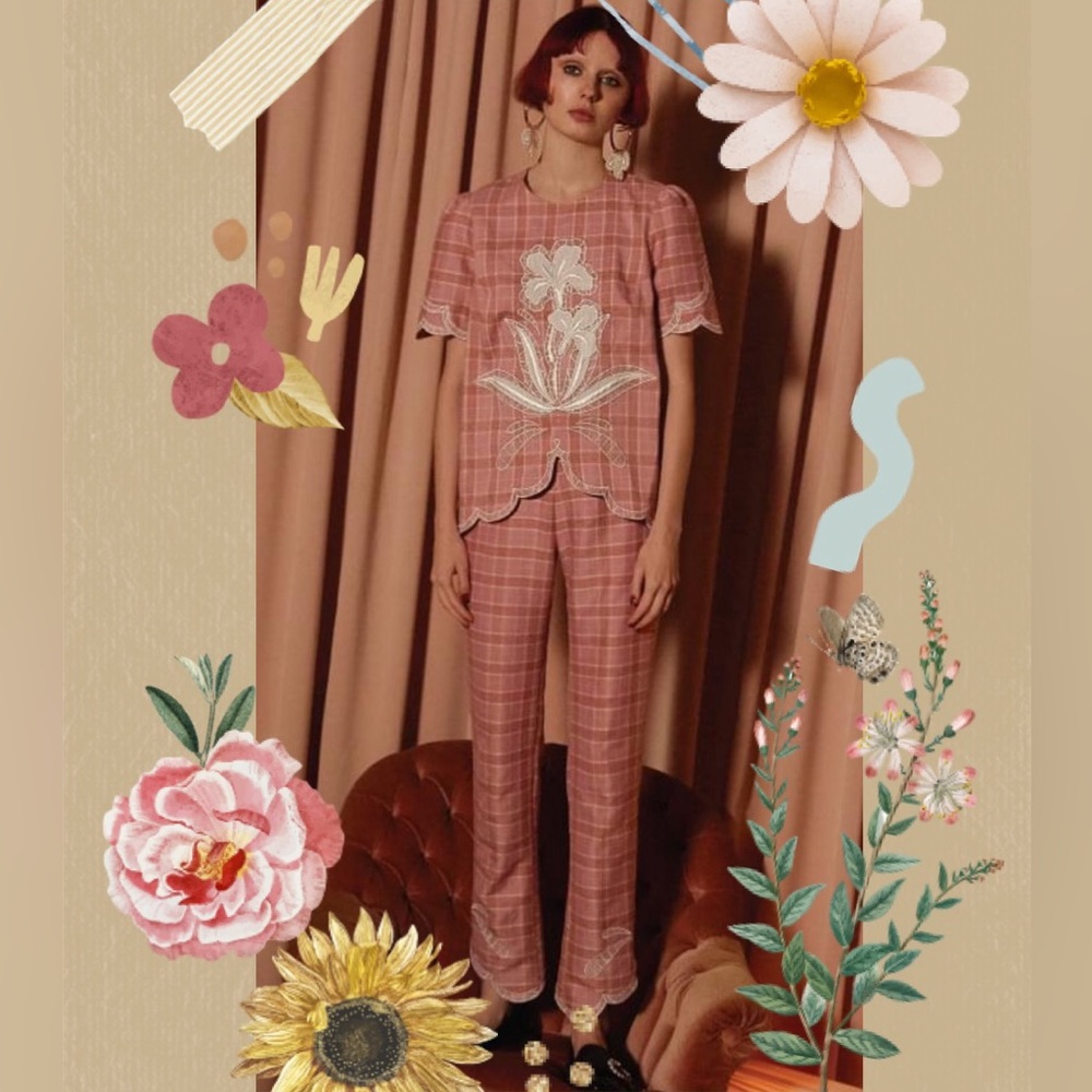 Blush Pink Plaid Embroidered Top and Pant Set